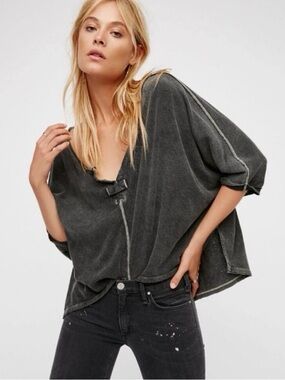 Free People Washed Charcoal Gray Short Sleeve Top